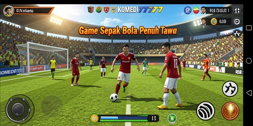 Screenshot gameplay <strong>KOMEDI77</strong> menampilkan aksi lucu dalam pertandingan sepak bola.