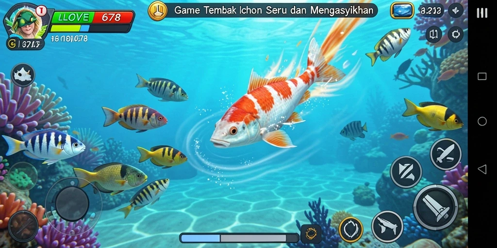 Screenshot gameplay seru dari LOVE678 saat menembak ikan.