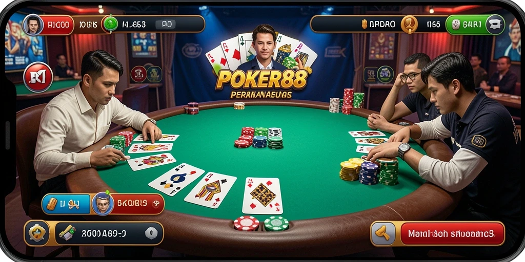 Screenshot utama POKER88 menampilkan gameplay poker yang menarik.