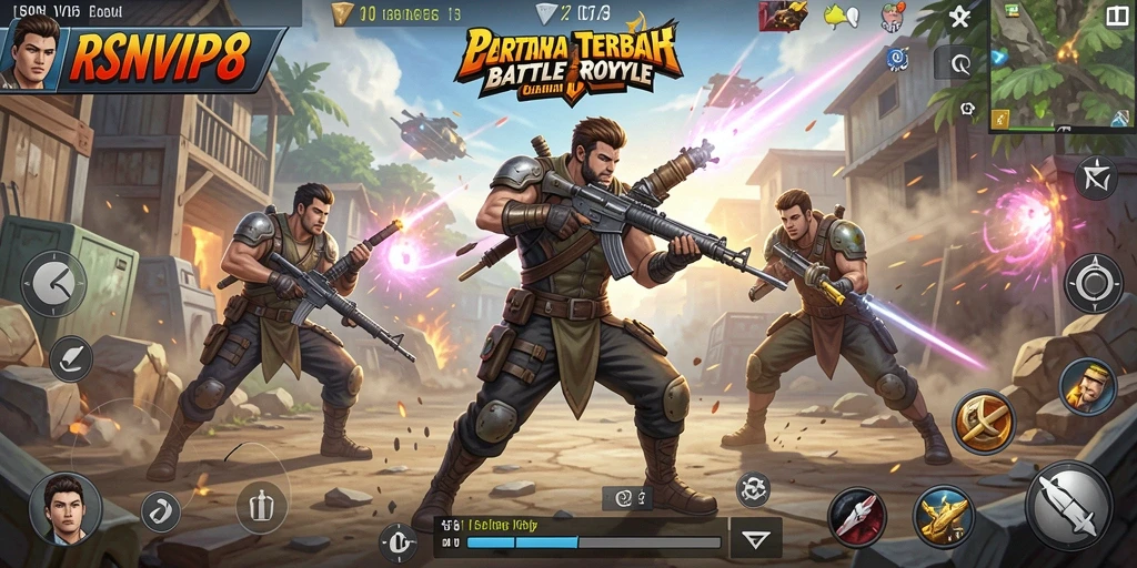Screenshot gameplay RSNVIP8 menampilkan aksi seru dalam pertempuran Battle Royale.