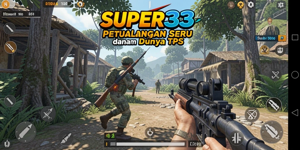 Screenshot utama SUPER33 menampilkan aksi gameplay TPS yang intens.