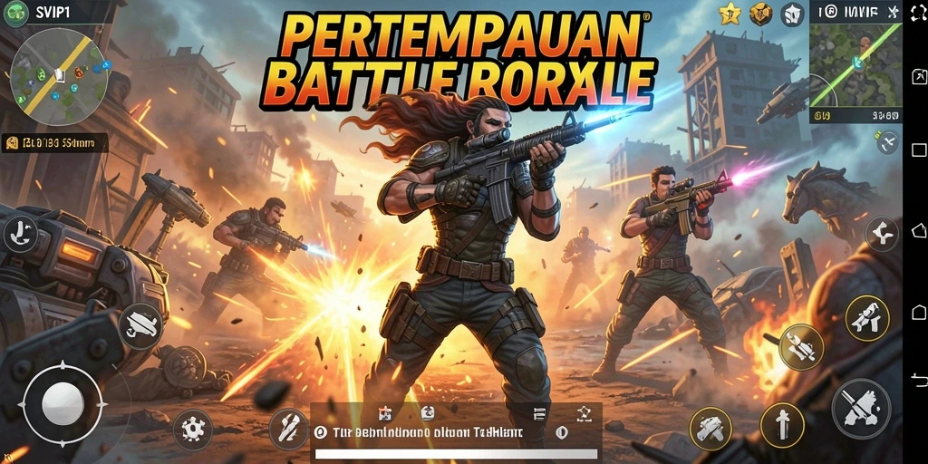Screenshot gameplay SVIP1 menampilkan pertempuran Battle Royale yang mendebarkan.
