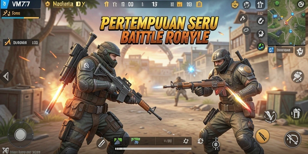 Tangkapan layar gameplay VM777 yang menunjukkan aksi pertarungan Battle Royale yang intens.