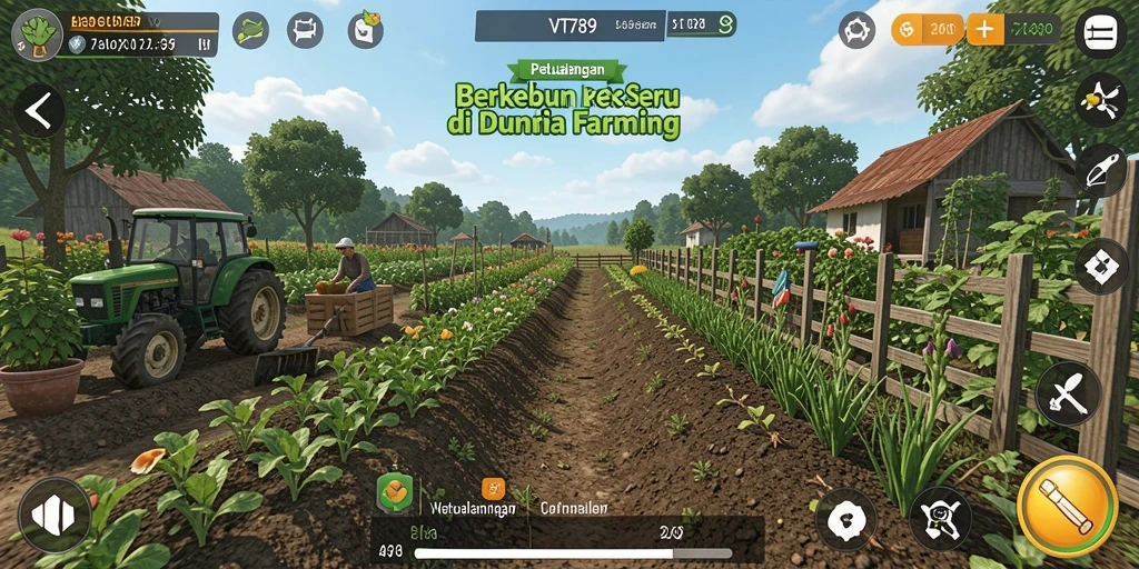 Tangkapan layar gameplay VT789 menampilkan suasana pertanian yang indah dan menyenangkan.